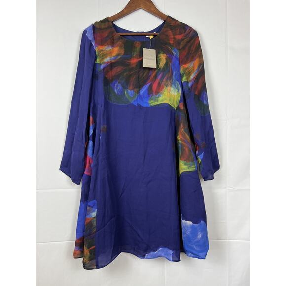 Anthropologie Leifsdottir Blue Silk Swing Dress Abstract Floral Back Zip M - Picture 2 of 10